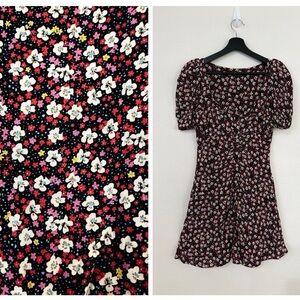 Zara Black & Burgundy Floral Puff-Sleeve Mini Dress XS